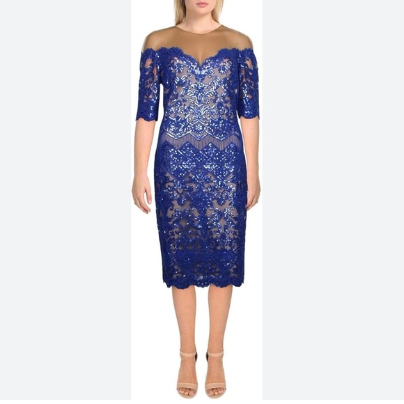 Tadashi Shoji Blue Sequin Dress W/Illusion Neckline Sz 10, EUC